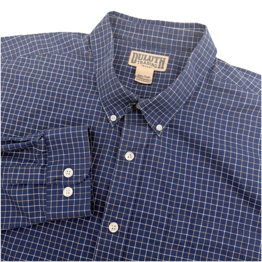 Duluth Trading Co Shirt Mens 2XLT Tall Blue‎ Plaid Grid Long Sleeve 54x35